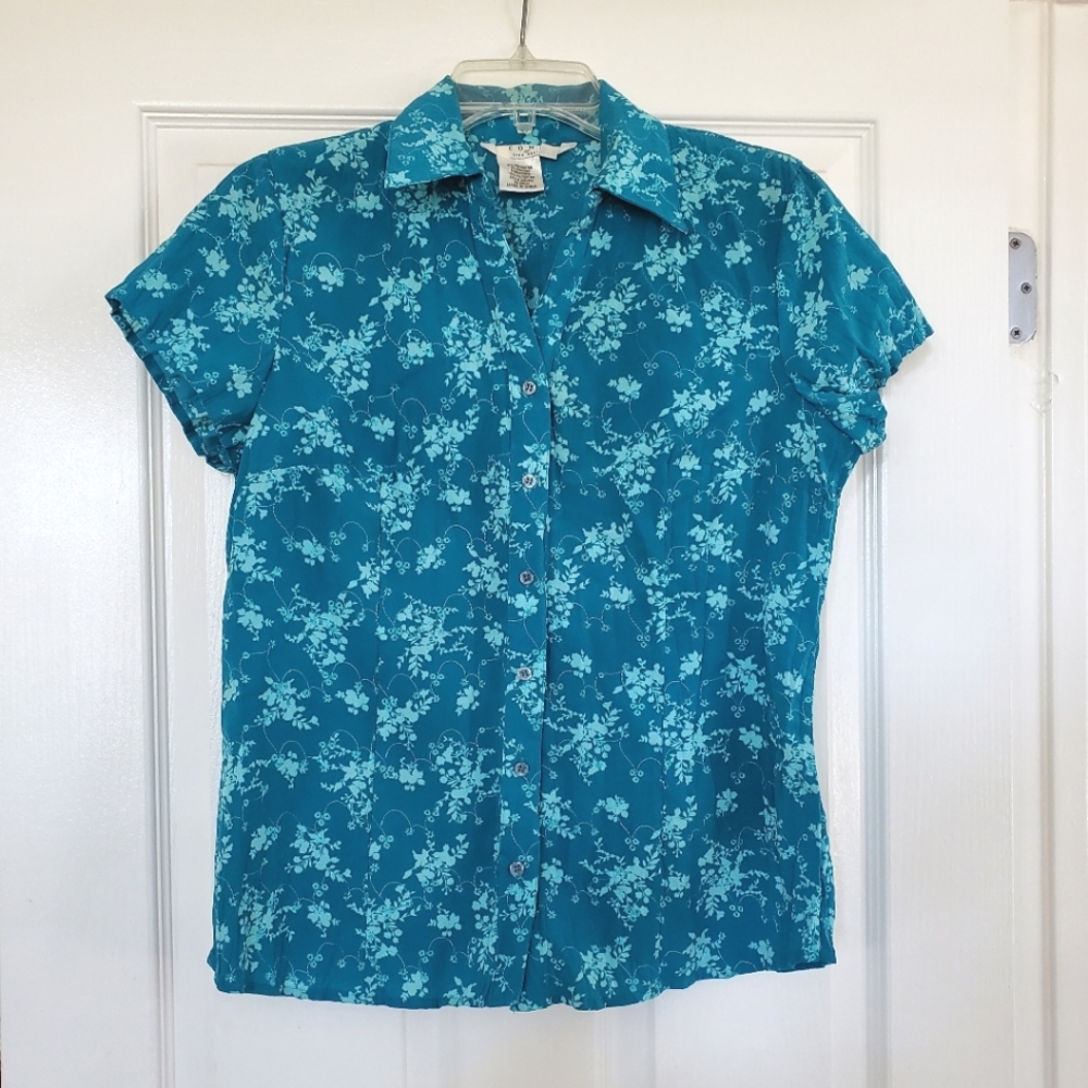 COMO by Fred David Turquoise Embroidered Button Down Top, Size M
